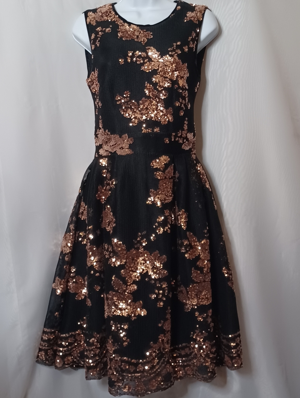 Maje Holiday Fit & Flare Dress with Gold Sequin Floral Pleated Waist. Size 2
